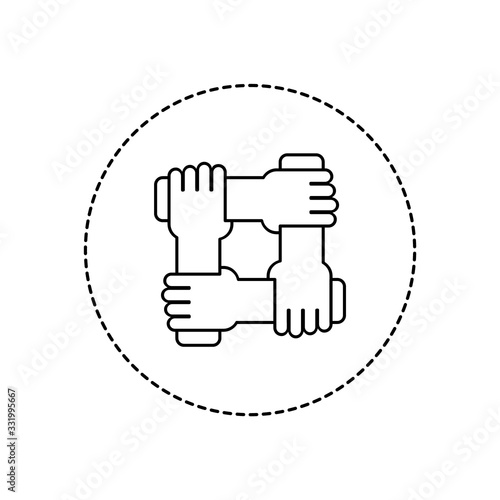 Teamwork line icon in a circle. Four hands holding together. Business success. Equality, unity, community concept. Partnership and fairtrade thin outline sign. Vector illustration, flat style,clip art