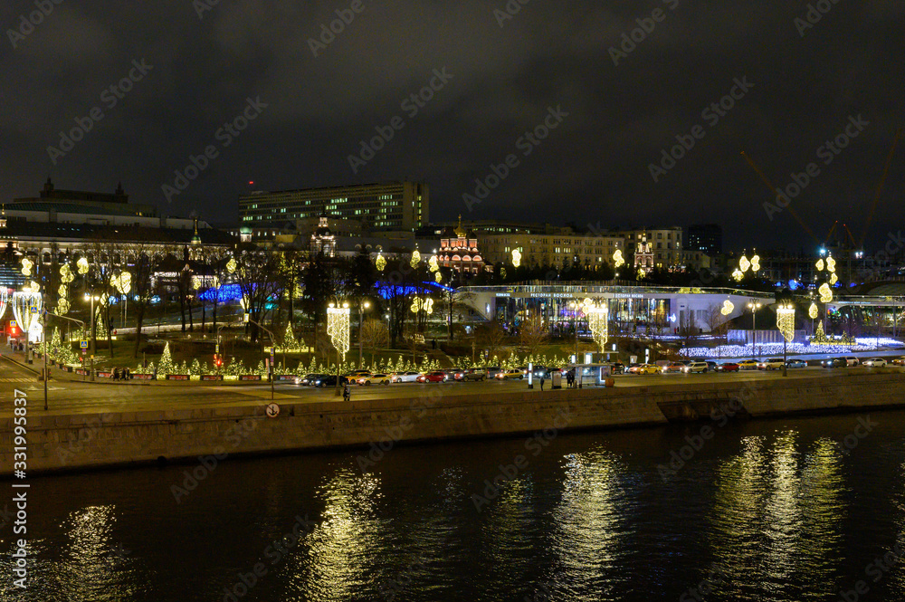 New Year and Christmas decorations on Moskvoretskaya embankment and in the Zaryadye park, Moscow, Russian Federation, January 10, 2020