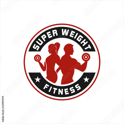 Fitness Center logo. Sport and fitness logo Design . Gym Logo Icon Design Vector Stock, or emblem with woman and man silhouettes. Woman and Man holds dumbbells. Isolated on white background