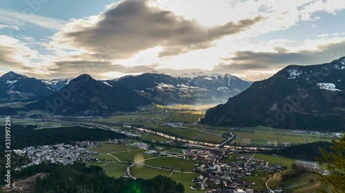 Aerial view from Wiesing towards Zillertal and Inntal in Tyrol, Austria. Time lapse.