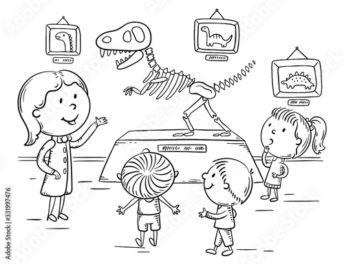 Kids on excursion in the dinosaur or natural history museum with a guide or teacher, outline illustration