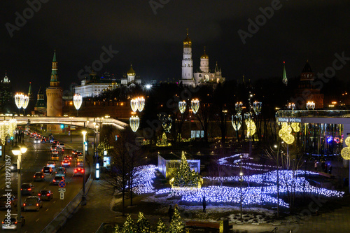 View of the Kremlin and Moskvoretskaya embankment, Zaryadye park with New Year and Christmas decorations, Moscow, Russian Federation, January 10, 2020
