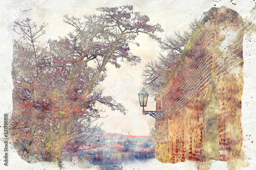 Photography watercolor style and abstract illustration of ancient house and bare trees at wi