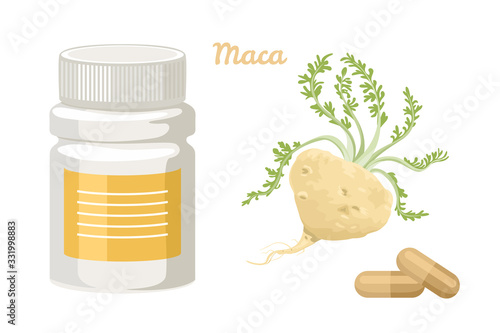 Maca Root capsules isolated on white background. Bottle of pills. Vector illustration of dietary supplements in cartoon flat style. Superfood.