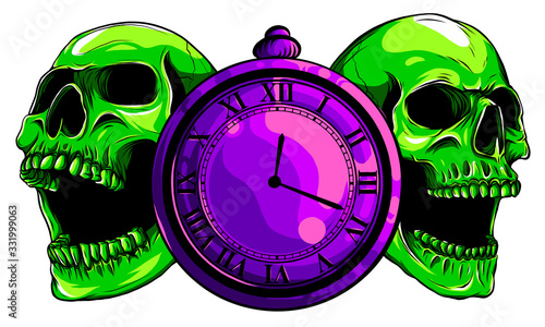 pocket watch with human skull,Time and death concept. illustration line art.