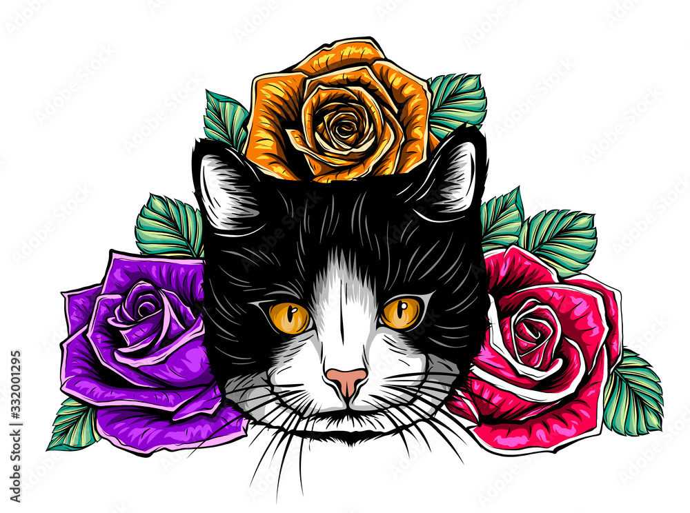 Fototapeta Vector Color Cat Roses Illustration design art