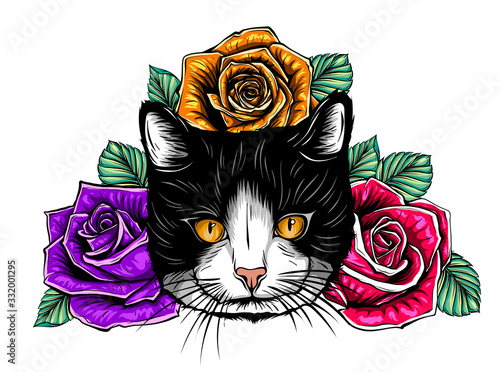 Fototapeta Vector Color Cat Roses Illustration design art