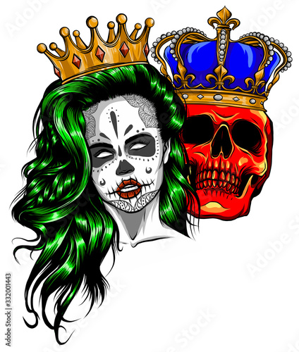 King and queen of death. Portrait of a skull with a crown.