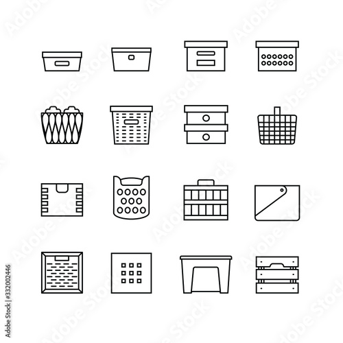 Household accessories and organizers for clothes, shoes and storage. Interior accessory containers, boxes and baskets. Icon vector set.