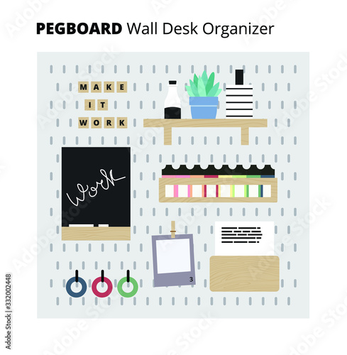 Organization white peg board system. Pegboard organizer home office. Vector illustration.