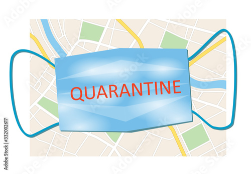 city map and blue mask with word quarantine  - vector illustration