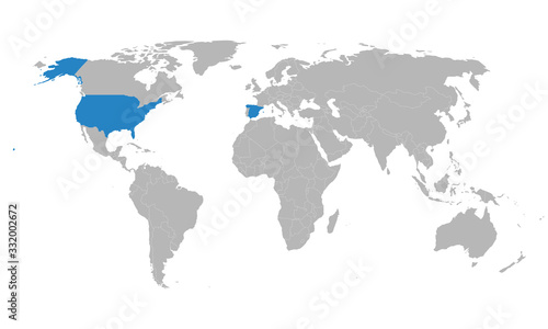 Spain  USA countries highlighted blue on world map. Economic  trade relations.