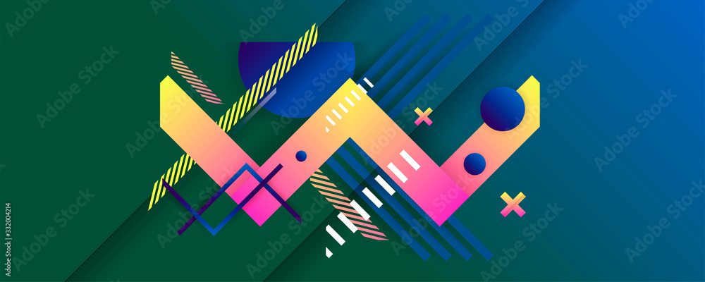 Dark blue background, geometric bright pink and yellow colors elements, lines and dots for text, universal design, banner