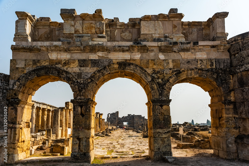 Hierapolis ancient city ruins Pamukkale Turkey. UNESCO world heritage site.