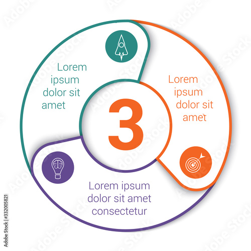 Pie chart. Modern infographic template for 3 positions. Shadow, white background