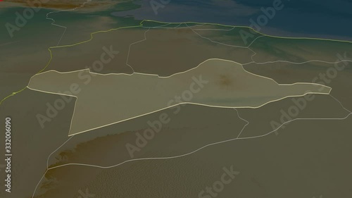 Wadi ash Shati', district with its capital, zoomed and extruded on the relief map of Libya in the conformal Stereographic projection. Animation 3D photo