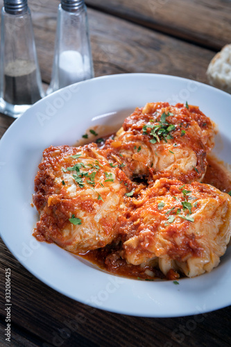 Stufed cabbage rolls in tomato sauce