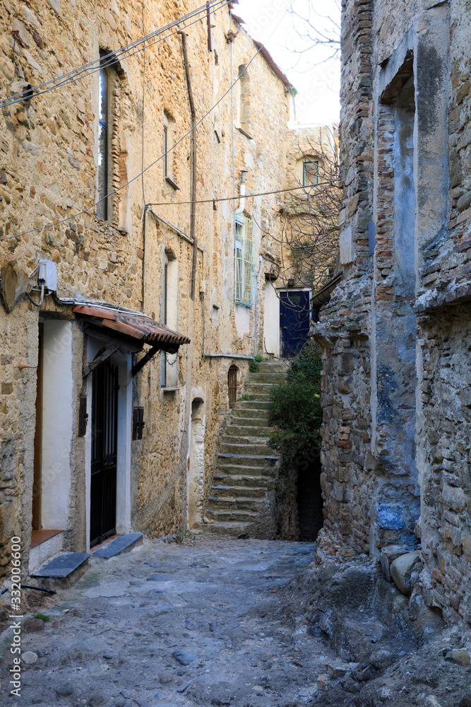 Bussana Vecchia (IM), Italy - December 12, 2017: A patway in Bussana Vecchia, Imperia, Liguria, Italy