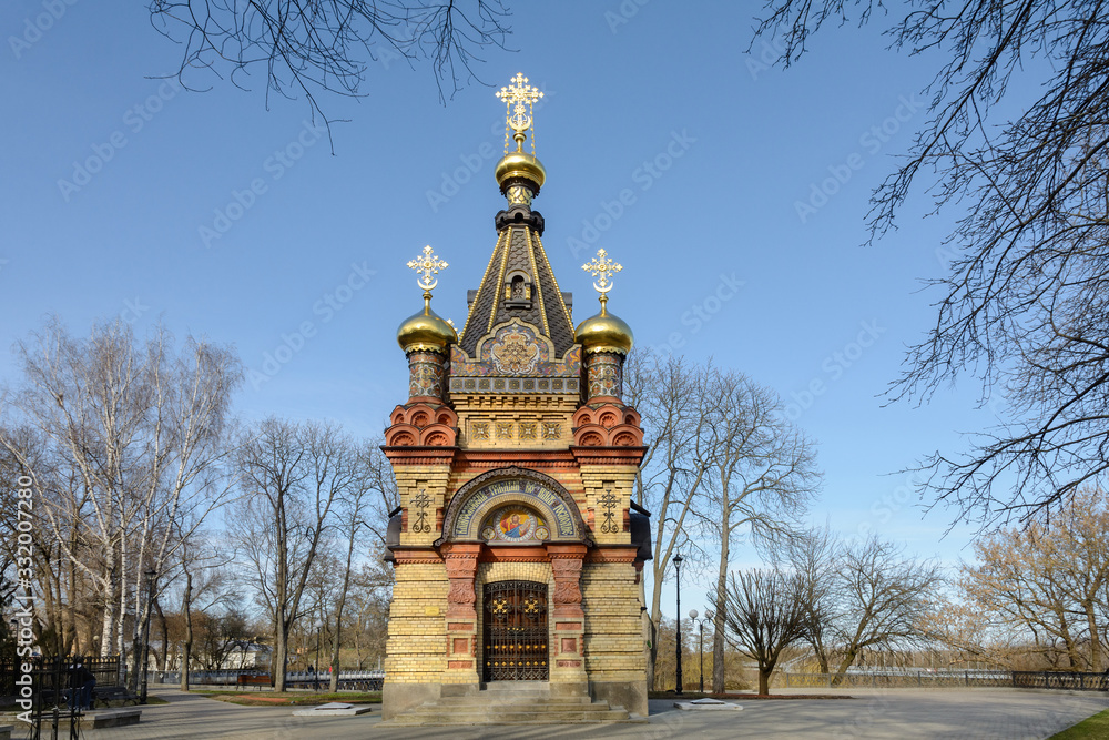 Gomel Palace and Park Ensemble. View of the chapel-tomb of the Paskevich family. Carved stone and art metal, red terracotta and multicolor majolica, smalt mosaic and wall paintings.