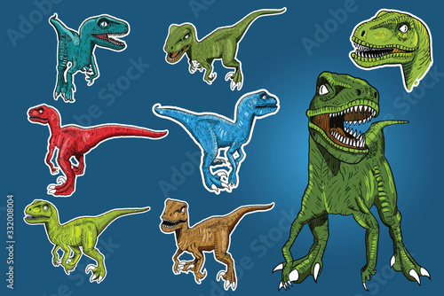 Drawing Dinosaurs Raptor character on blue background, vector illustration