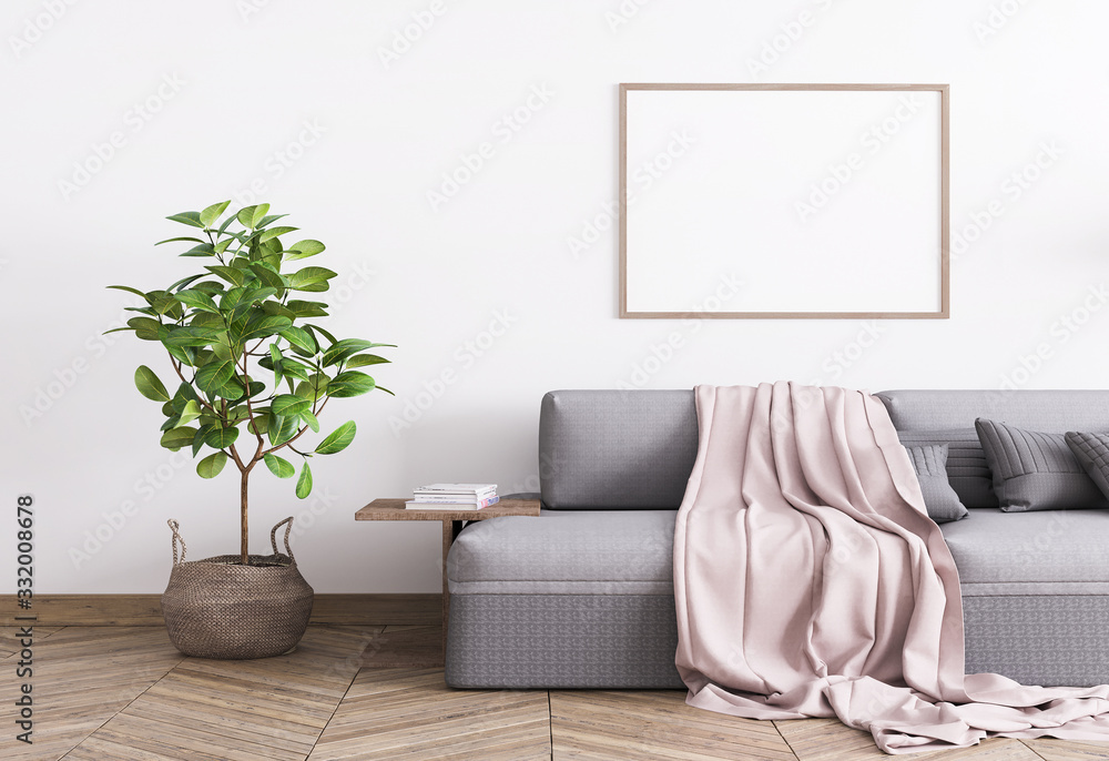 Grey comfortable couch and a rattan pot in white template interior mock up, Single A3 wood frame poster, stylish home photo, 3D rendering, illustration - obrazy, fototapety, plakaty 