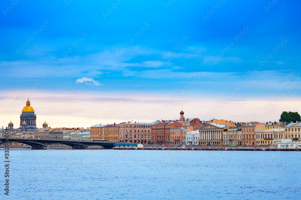 Panorama of Neva river with St. Isaac's Cathedral over and Admiralty Embankment, Saint Petersburg, Russia