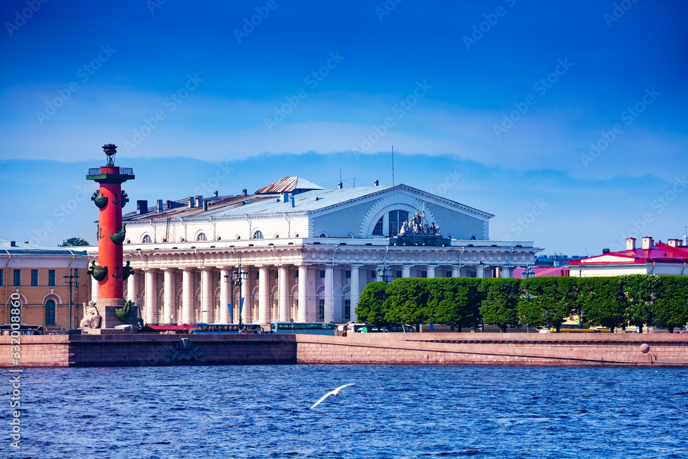 Rostralnaya Kolonna on Vasilyevsky Island Streka place over Neva river in Saint Petersburg, Russia
