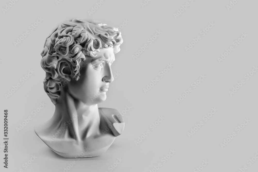 Gypsum statue of David's head. Michelangelo's David statue plaster copy