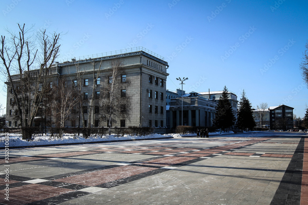 Soviet style government building view by winter, Irkutsk Russia