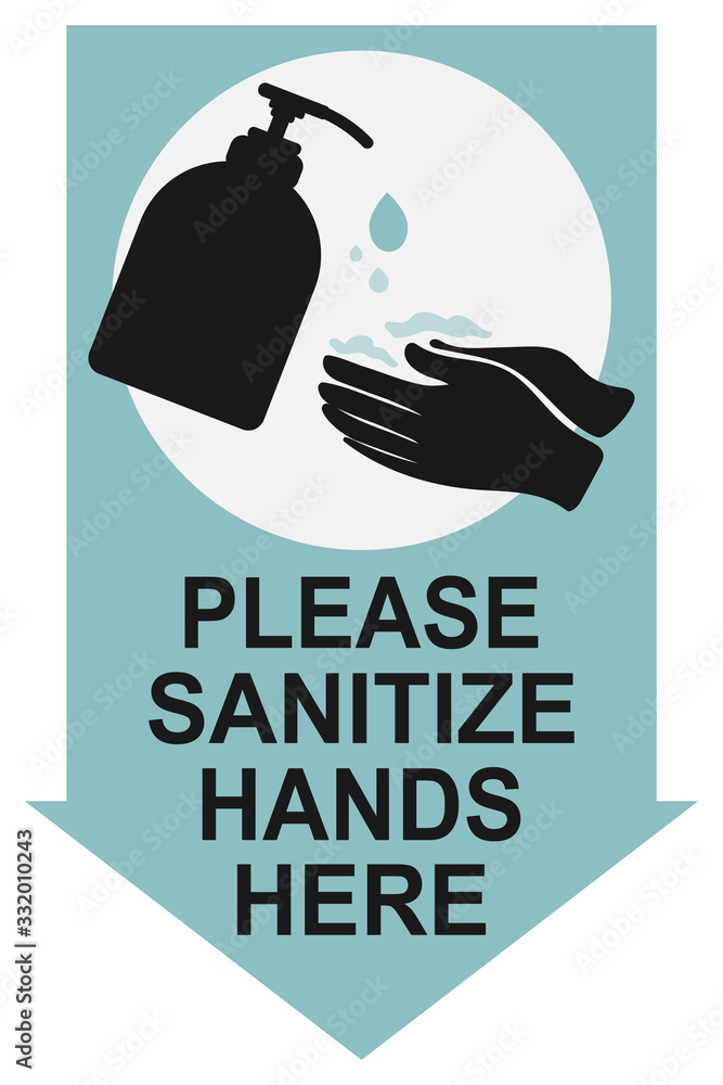 Please sanitize hands here sign. Alcohol gel hands sanitizer icon for apps, websites, infographics - obrazy, fototapety, plakaty 
