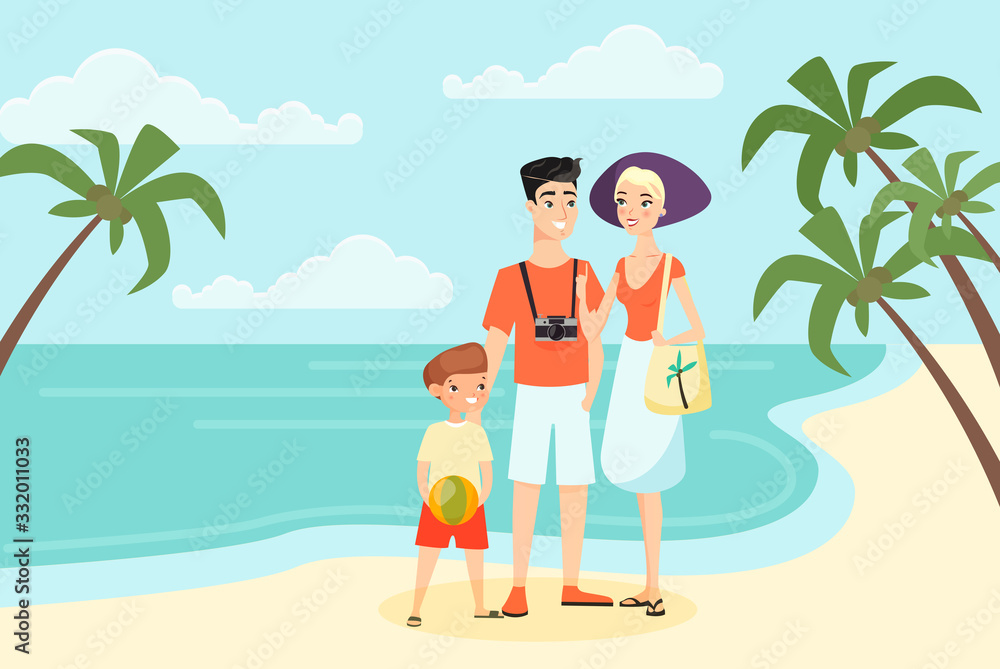 Family vacation by sea or ocean flat cartoon color concept vector illustration