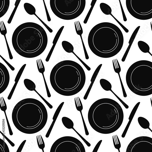 Black empty plate with spoon, knife and fork seamless pattern isolated on a white background.