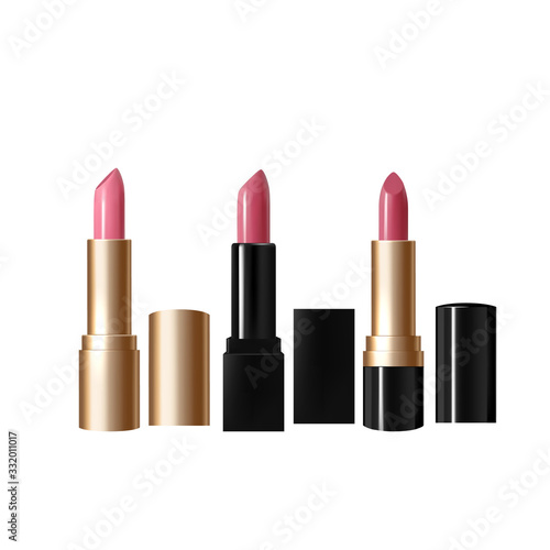 Set of realistic, pink lipsticks. 3D vector illustration of lipstick