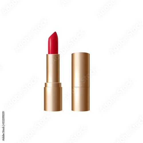Realistic, red, gold lipsticks. 3D vector illustration of lipstick