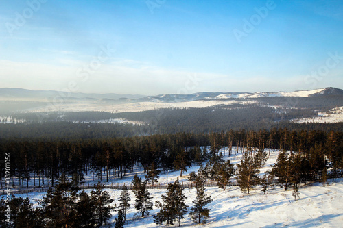 Scenic winter landscape view from Rinpoche Bagsha datsan mount by winter, Ulan-Ude, Russia