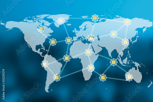 Fototapeta Naklejka Na Ścianę i Meble -  Business bitcoins trading network connection on global city background. Element of this images furnished by nasa