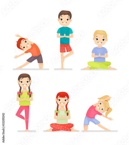 Kid yoga gymnastic exercises cartoon flat vector illustration set. Cute boys and girls