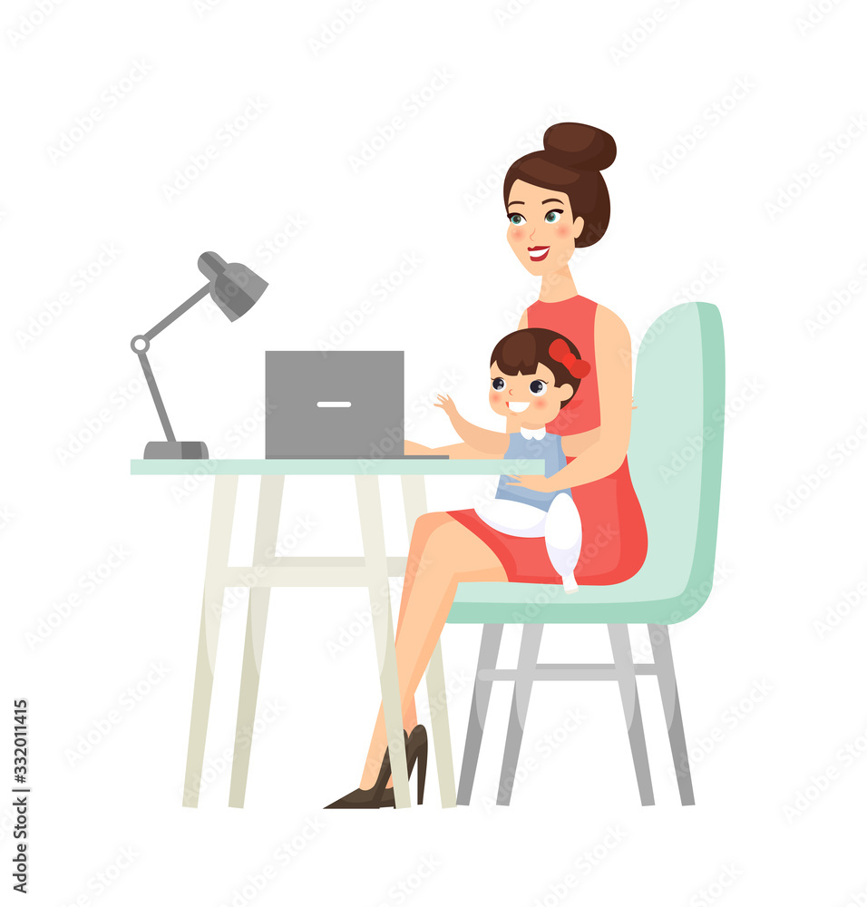 Fototapeta premium Mom home working, freelance, business flat cartoon character concept vector illustration
