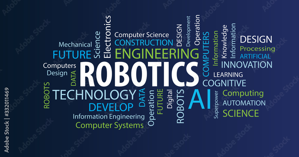 Obraz premium Robotics Word Cloud on a Blue Background