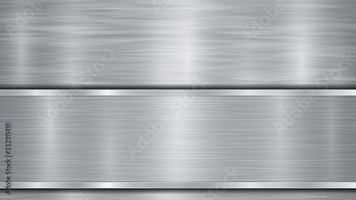 Background in silver and gray colors, consisting of a shiny metallic surface and one horizontal polished plate located below, with a metal texture, glares and burnished edges