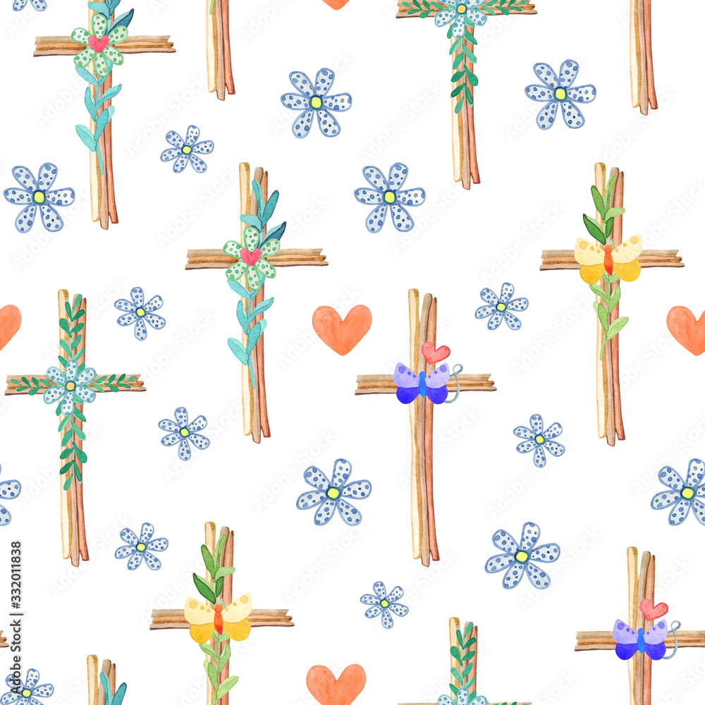 Obraz Seamless christian colorful pattern with crosses and flowers. Biblical background. Easter pattern for greeting Card,wrap,wallpaper,invitation.