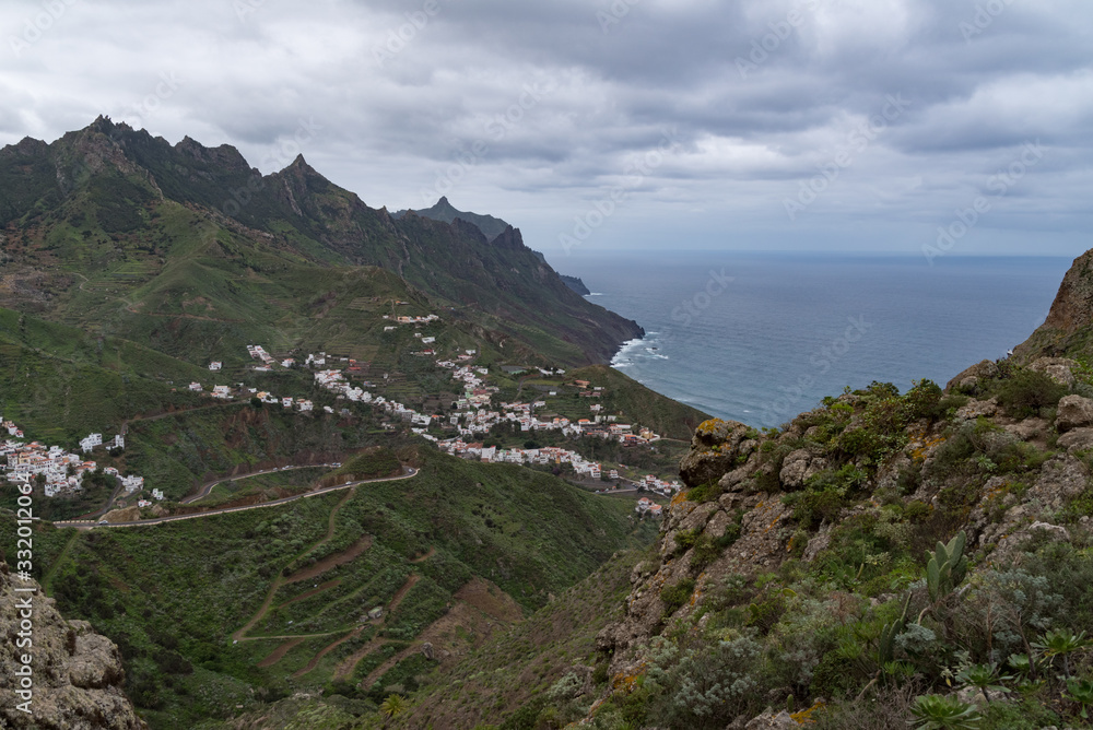 Panoramic landscape in Anaga mountains and ocean coastline from Mirador Risco Magoje viewpoint, Tenerife Canary Islands, Spain