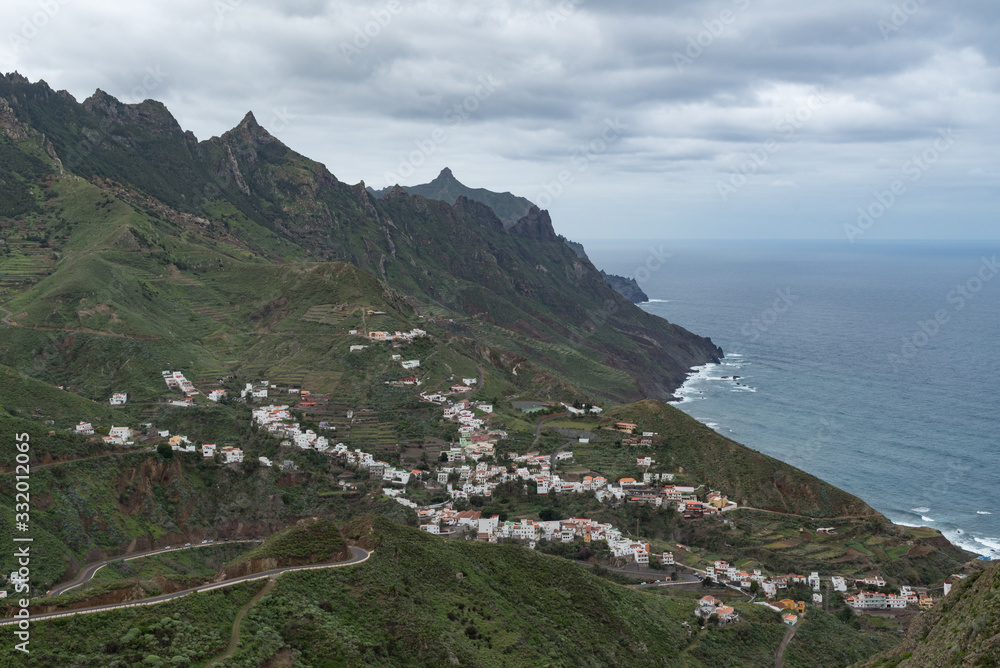 Panoramic landscape in Anaga mountains and ocean coastline from Mirador Risco Magoje viewpoint, Tenerife Canary Islands, Spain