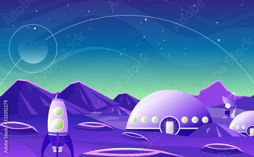 Fantasy space landscape planet cartoon flat design vector illustration background