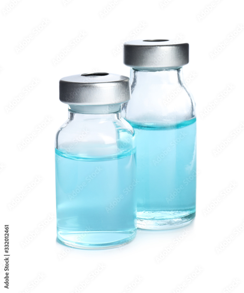 Vials with medication on white background. Vaccination and immunization Vials with medication on white background. Vaccination and immunization