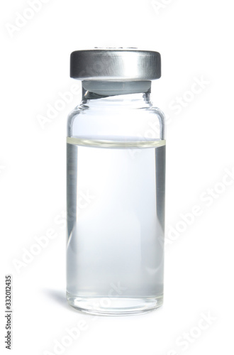 Vial with medication isolated on white. Vaccination and immunization
