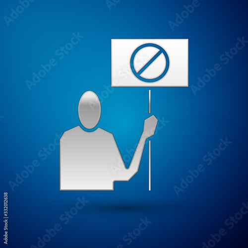 Silver Nature saving protest icon isolated on blue background. Earth planet protection, environmental issues demonstration. Vector Illustration