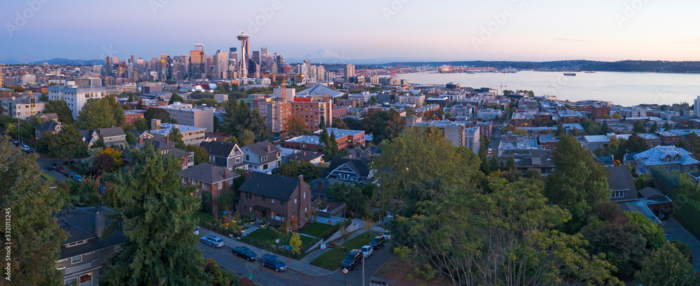 Downtown Seattle Washington USA Panoramic Aerial View City Landscape With Ocean and Mt Rainier Background