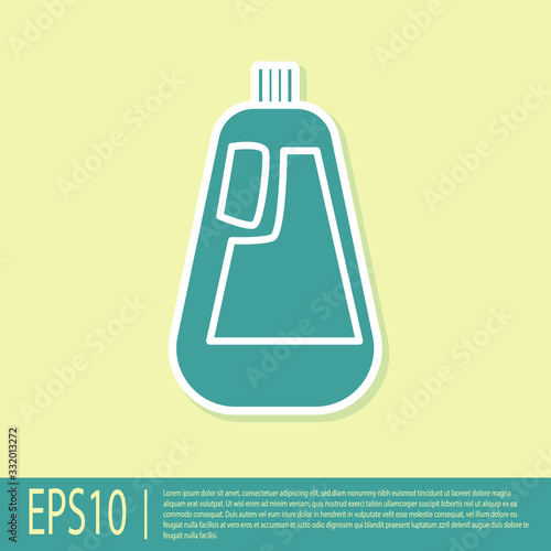 Green Plastic bottle for liquid laundry detergent, bleach, dishwashing liquid icon isolated on yellow background. Vector Illustration