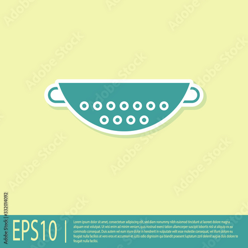 Green Kitchen colander icon isolated on yellow background. Cooking utensil. Cutlery sign. Vector Illustration